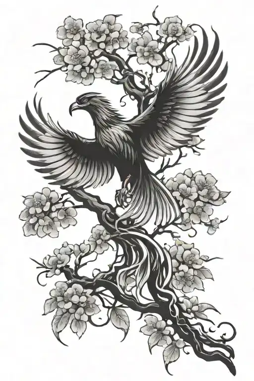 Phoenix Rising From Tree Of Life With Japanese Cherry Blossom