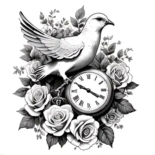 Dove With Pocket Watch Surrounded By Roses And Honeysuckle