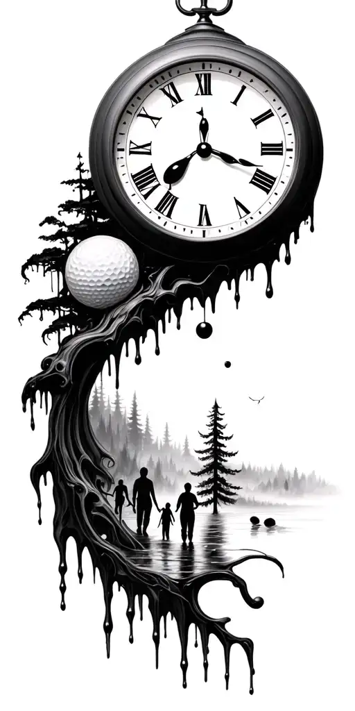 Salvador Dali Melting Clock And Forest Scene And Family And Golf