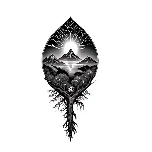 Yggdrasil World Tree With Mountains In Background Black
