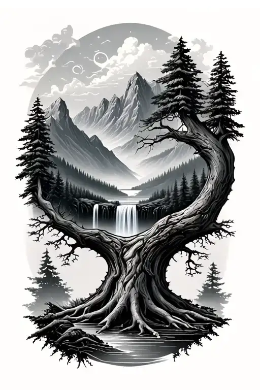 Straight Yggdrasil World Tree With Mountains And Forest And Waterfall In Background
