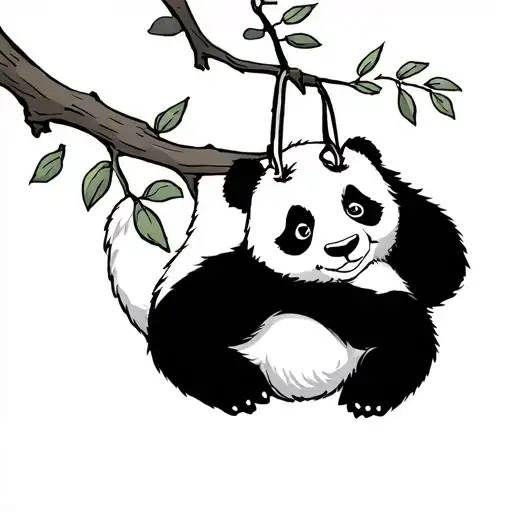 A Cartoon Sketched Panda Hanging From A Branch