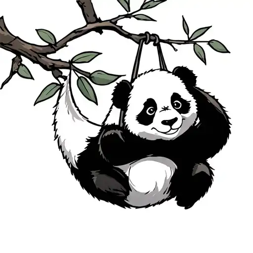 A Cartoon Sketched Panda Hanging From A Branch
