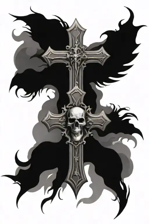 Gothic Religous Cross With Skull That Has Sharp Teeth Crows And Graves