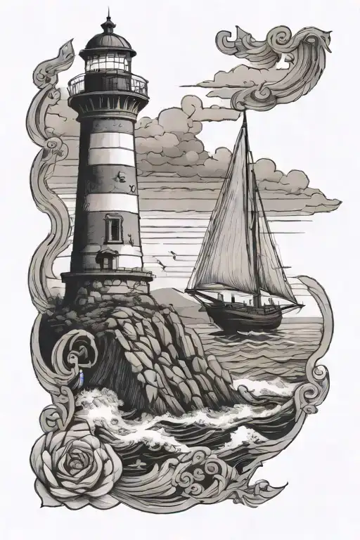 A Serene Lighthouse Overlooking The Sea With A Sailing Ship In The Background