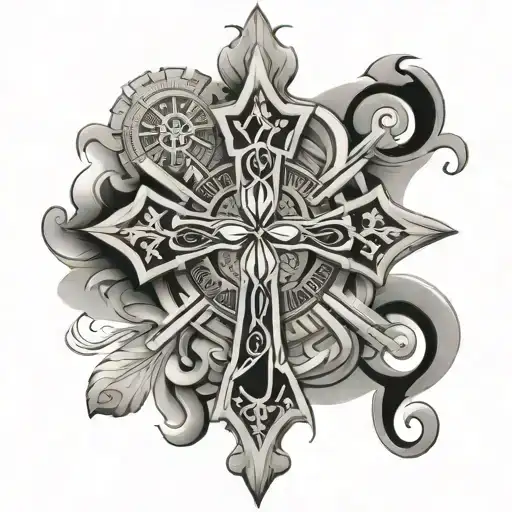 A Stylized Black And Grey Tattoo Of A Christian Cross Surrounded By Casino Symbols