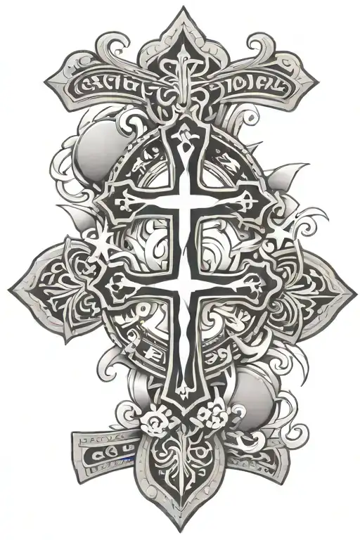 A Stylized Black And Grey Tattoo Of A Christian Cross Surrounded By Casino Symbols