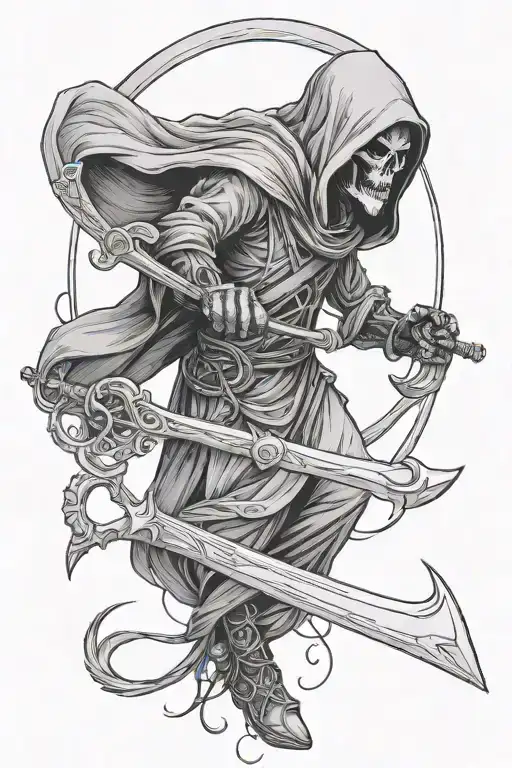 A Sleeve Tattoo Of A Reaper With A Crescent Moon Shaped Scythe