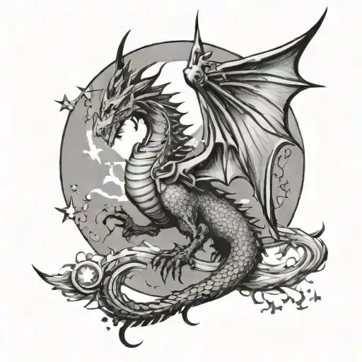 A Gothic Dragon With An Angelic Fenix Bird Flying With The Moon And Stars