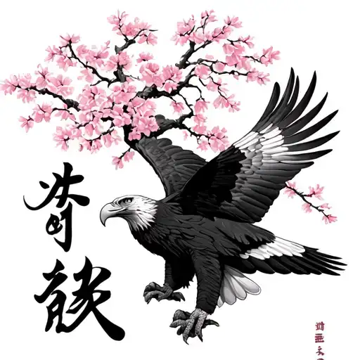 Cherry Blossom Tree And American Eagle With The Japanese Word Strength And Courage