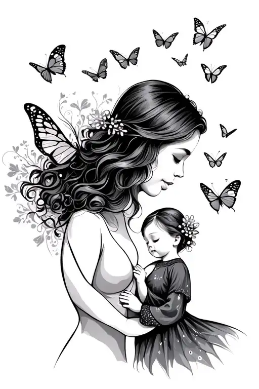 Outline Mom And Baby Girl With Butterflies Flying