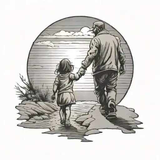 Man With His Young Daughter Holding Hands Walking Into The Sun