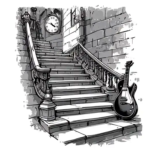 Stairs Leading To Clock And Guitar