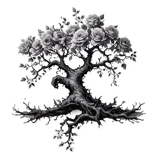 Damaged Tree Held Together By Rose Vine Wrapping