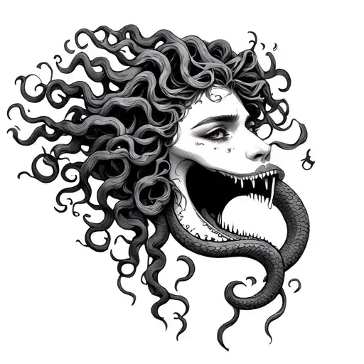 Fine Line Medusa Head With A Serpent Coming Out Of Her Mouth