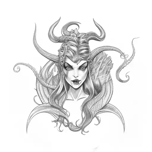 Evil Mermaid With Fishtail And Horns
