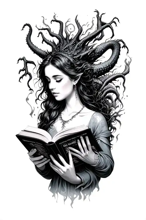 Woman Reading A Fantasy Book With Creatures Coming Out Of The Book