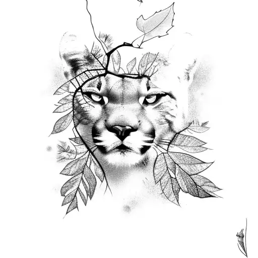 Puma Grouling With Leaf And Branches Around