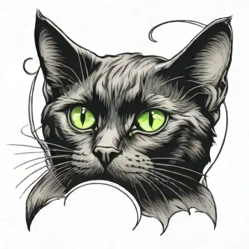 Create A Tatoo Design Of A Black Cat With Green Eyes Laying On A Crescent Moon