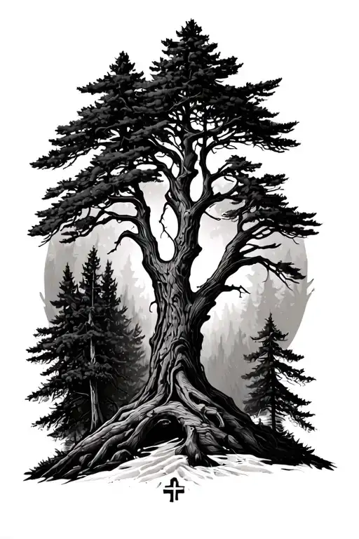 Deep Forrest Area With Trees Christian Themed Tattoo Design