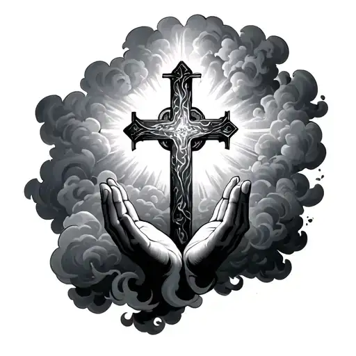 Cross In The Center With Cloud Shading And Incorporate Prayer Hands
