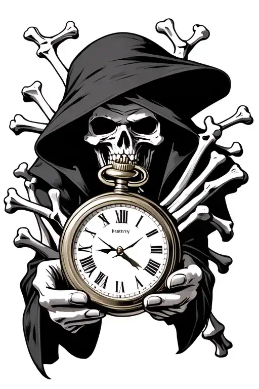 Grim Reaper Holding Pocket Watch Surrounded By Bones