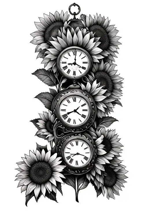 Clocks Of Birth Time With Sunflowers For Thigh Tattoo For Two Kids