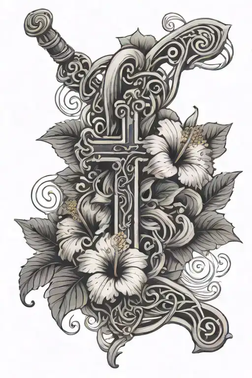 Cross Wrapped In Hibiscus Flowers Intertwined With Music Notes