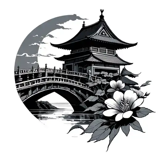 Japan Samourai Warrior Flower Sun House Bridge