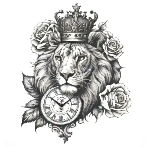 A Clock And A Lion Wearing A Crown Surrounded By Roses