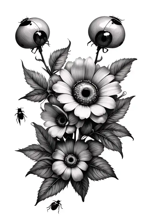 Realism Inspired Design Featuring Flowers With Eyeballs In The Center And Lady Bugs On The Leaves