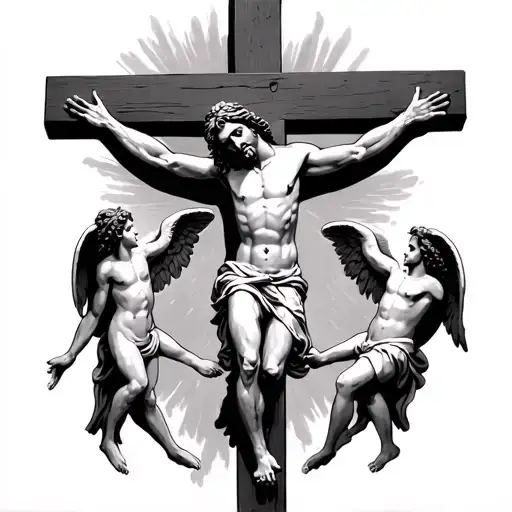 Jesus On The Cross With Two Angels Coming To Get Hiim