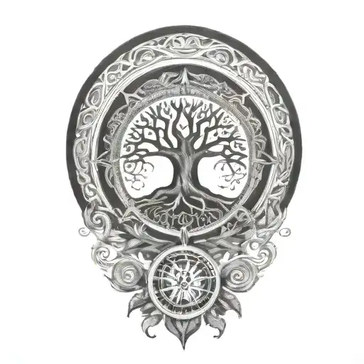 Dharma Wheel Behind Bohdi Tree