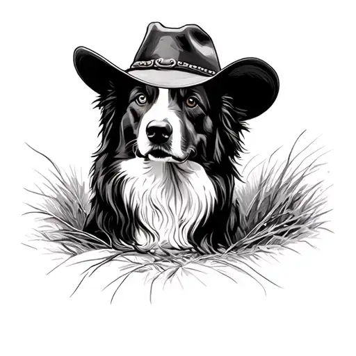 Border Collie Profile Sitting Down Sketch With Cowboy Hat