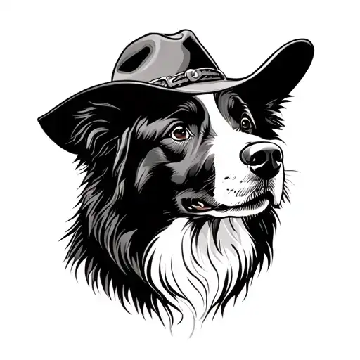 Border Collie Profile Sitting Down Fine Line With Cowboy Hat