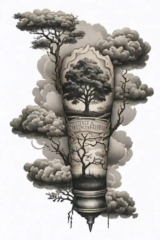 Forarm Tattoo With Clouds And A Quote From The Bible With Crosses And A Tree