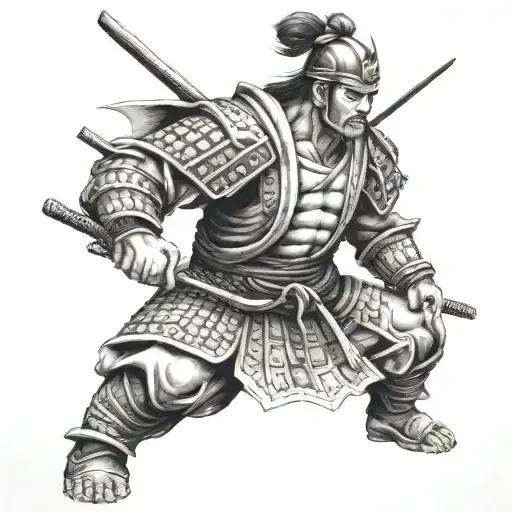 A Tattoo Of A Fit And Muscular Samurai Warrior Doing A Traditional Japanese Martial Arts Pose