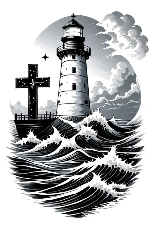 Cross Water Waves Lighthouse Surrounded
