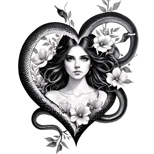 Portrait Of A Woman Inside A Heart Shape Made By Two Snakes With Flowers