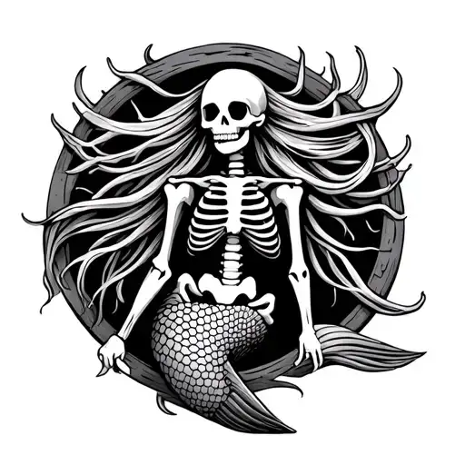 Simple Mermaid Skeletonwith No Hair In Wood Carving Style