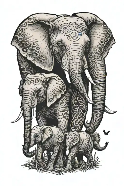 Mother Elephant And Her Two Young Children Playing