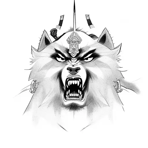 A Sketch-style Depiction Of A Samurai And A Pack Of Raging Mad Dogs