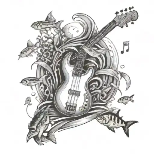 A Black-grey Tattoo Of A Bass Guitar Underwater Surrounded By Fish And Musical Notes