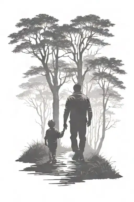 Father And Son Silhoutte Walking Into Woods