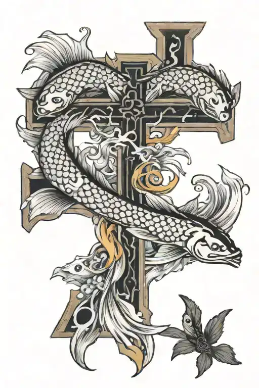 A Empty Cross In A Pond With 2 Koi Fish Circling The Cross