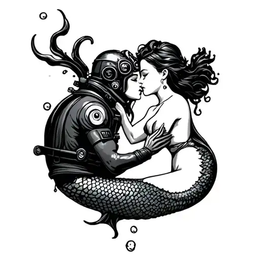 Deep Sea Diver Kissing Mermaid Playing