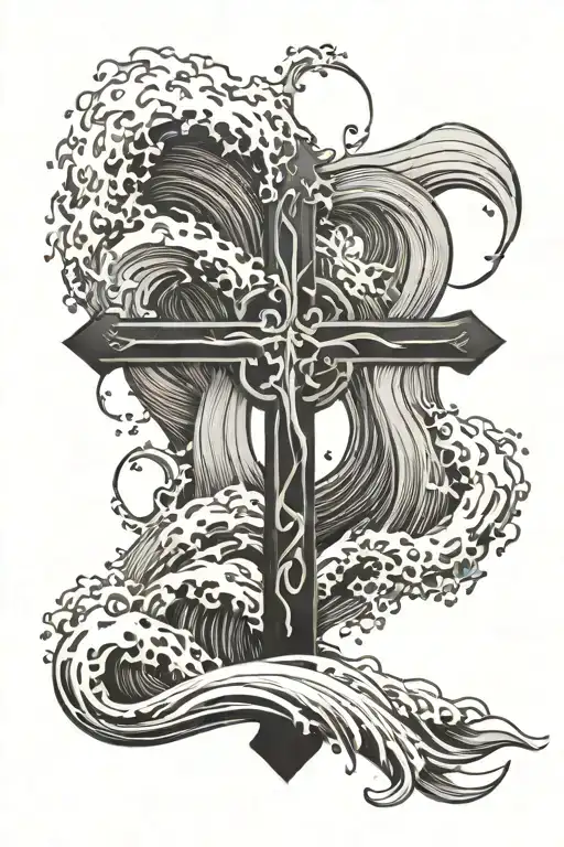 Cross With Number 7 And Waves Crashing In The Background