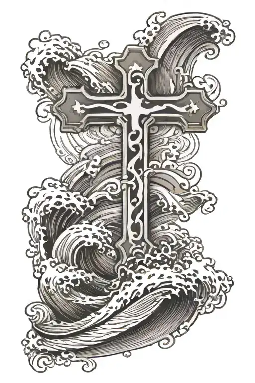A Empty Cross With Number 7 And Waves Crashing In The Background
