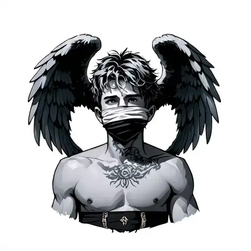 Twink In A Jockstrap With Angel Wings Covering His Face Extra Small Tattoo Minimalist