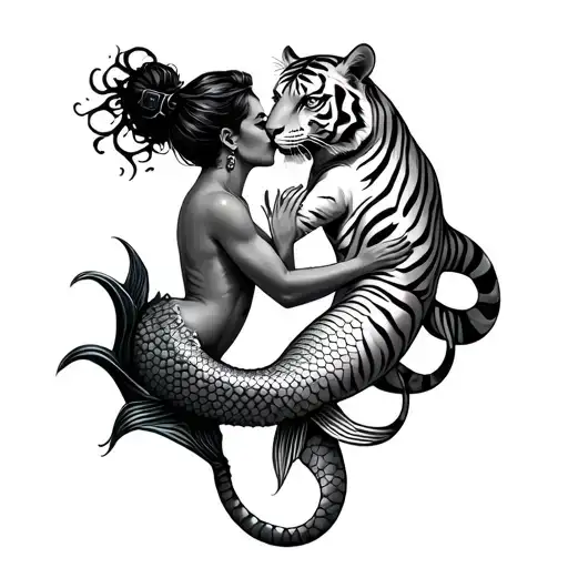 Deep Sea Diver Kissing Mermaid Full Body Tiger